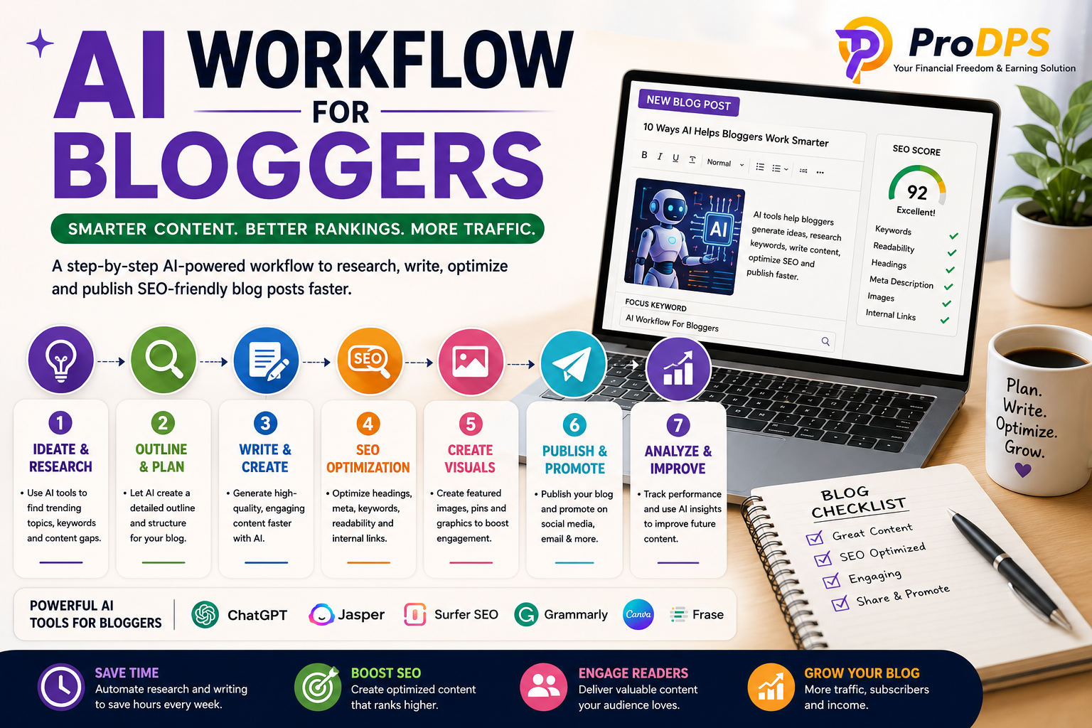 AI Workflow For Bloggers showing blog writing, SEO keyword research, AI content creation tools and publishing workflow.