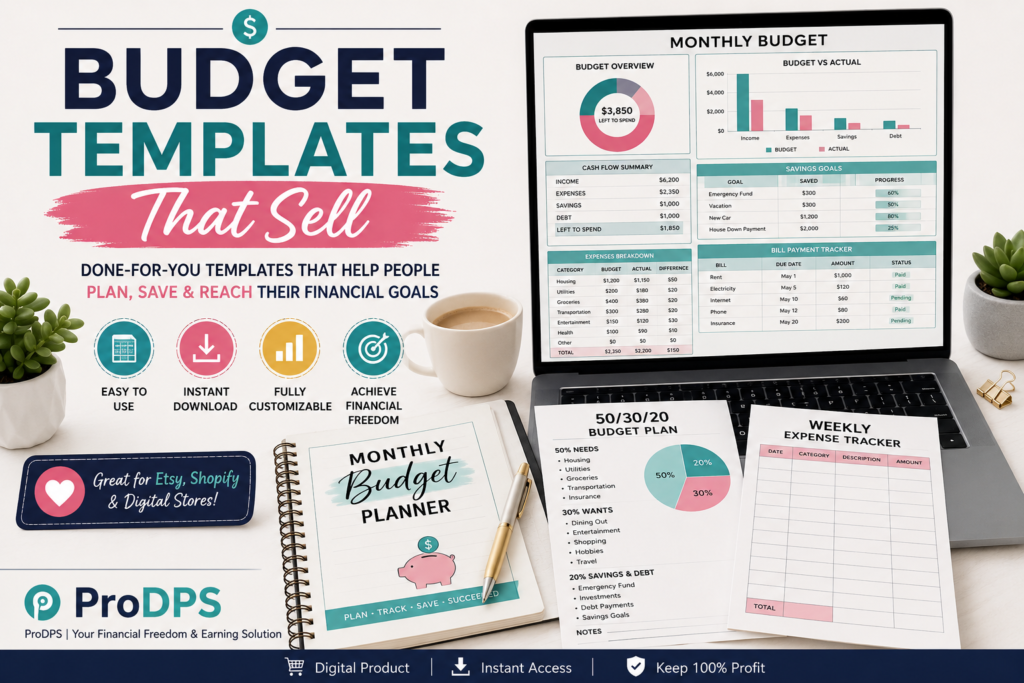 Modern printable budget templates displayed on a laptop and tablet with finance spreadsheets, expense trackers, and monthly budget planners for digital product sellers.