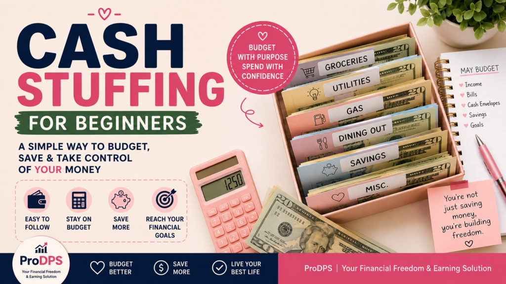 Cash stuffing for beginners using labeled budgeting envelopes for groceries, savings, bills, dining, and monthly budget planning.