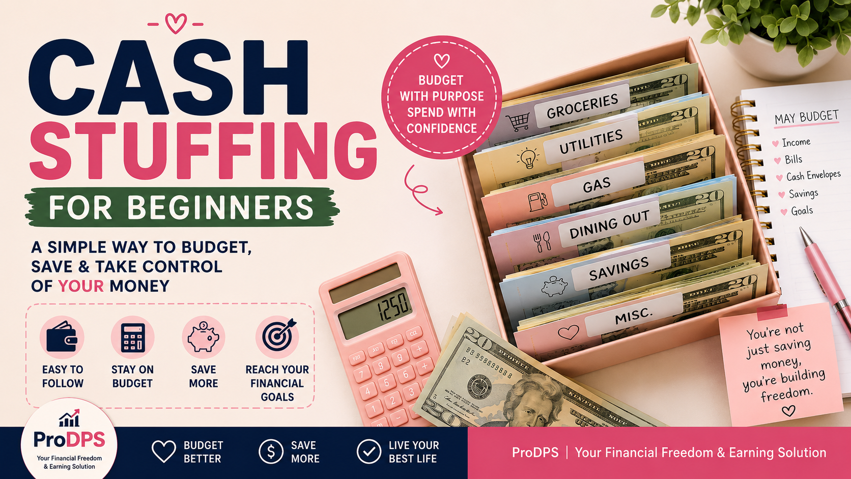 Cash stuffing for beginners using labeled budgeting envelopes for groceries, savings, bills, dining, and monthly budget planning.