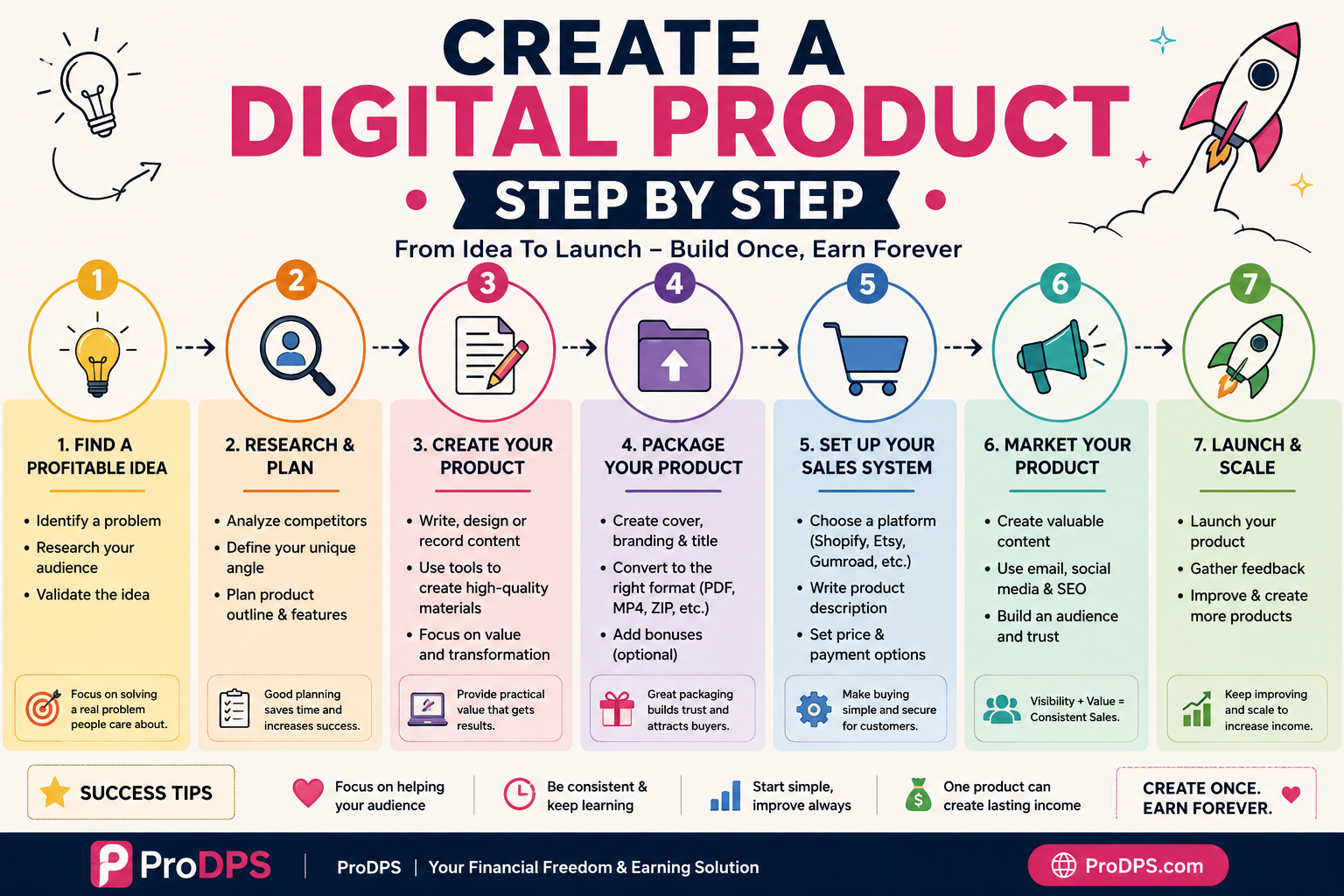 Create A Digital Product Step By Step infographic showing the complete workflow from idea generation to product launch and marketing.