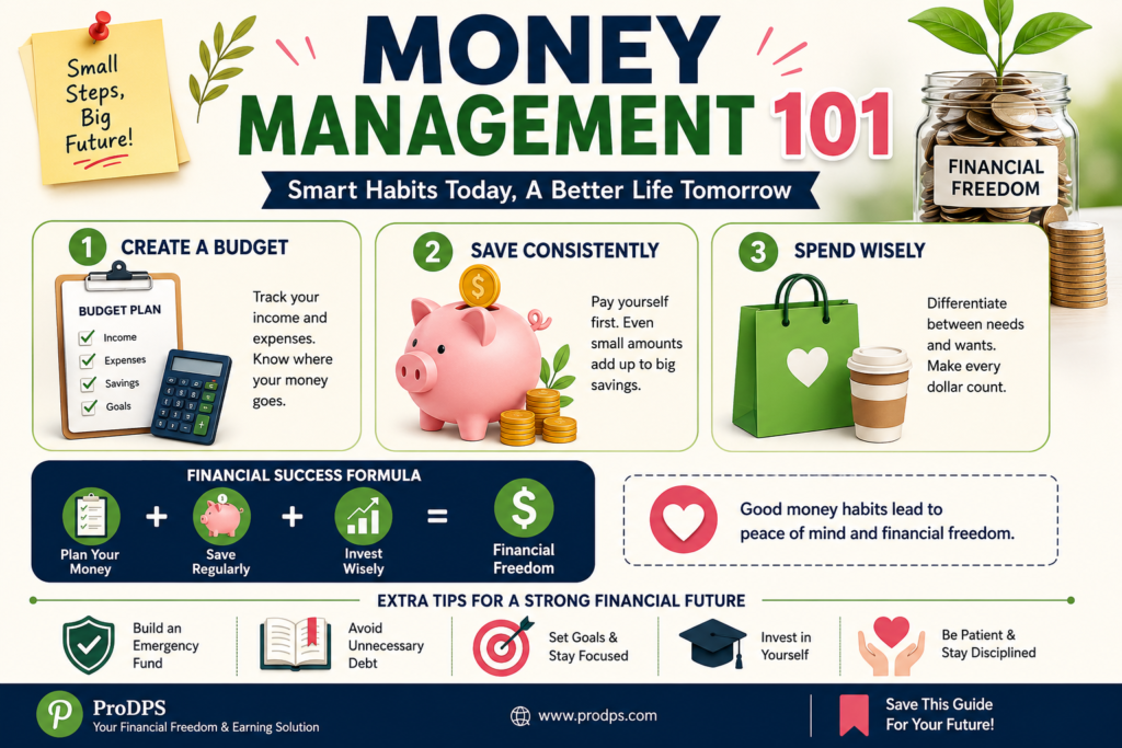 Money Management 101 infographic showing budgeting, saving, financial planning, emergency fund, and smart money habits for beginners.