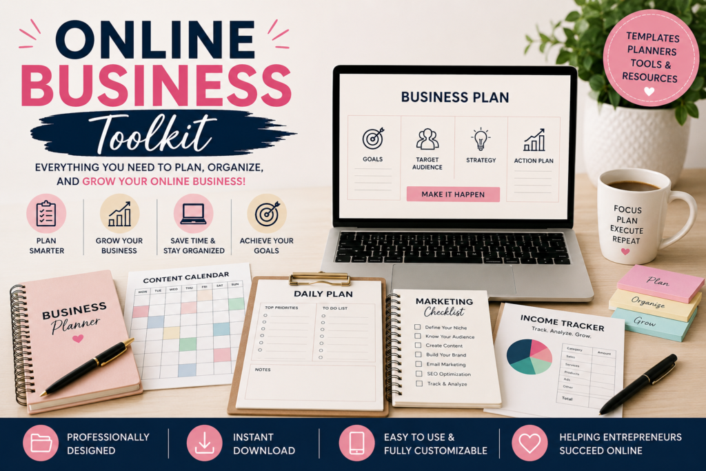 Online Business Toolkit featuring professional business templates, planners, productivity tools, marketing checklists, content calendars, and digital resources for entrepreneurs and small business owners.