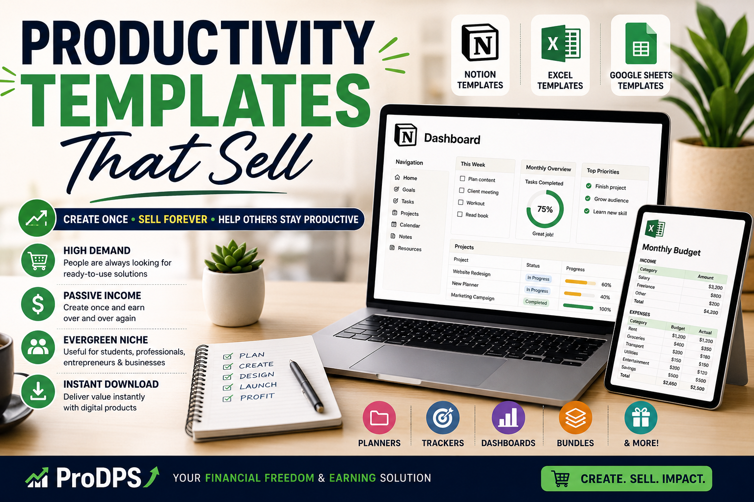 Productivity templates that sell featuring Notion, Excel and Google Sheets planners for passive income and digital product business.