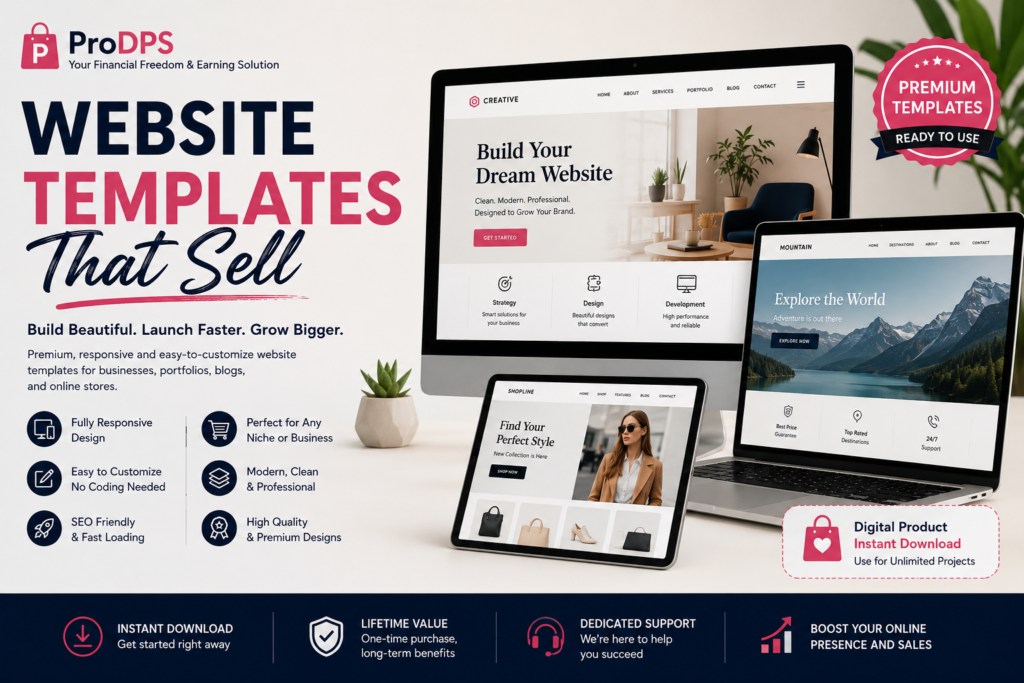 Professional responsive website templates displayed on desktop and laptop mockups for digital product sales.
