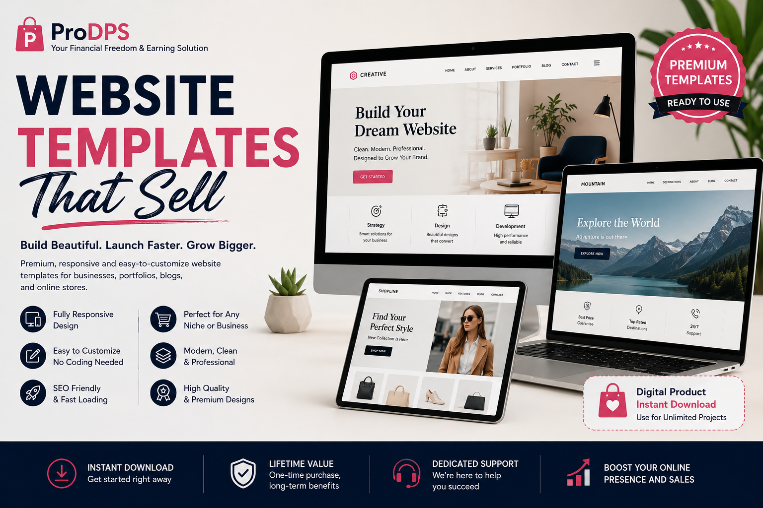 Professional responsive website templates displayed on desktop and laptop mockups for digital product sales.