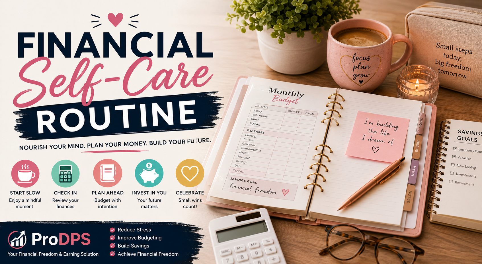 Financial self-care routine featuring a coffee cup, budget planner, notebook, calculator, and monthly budgeting session on a cozy workspace.