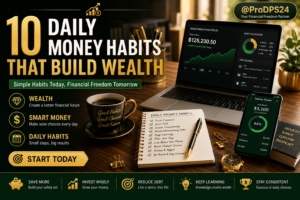 Luxury finance workspace featuring a laptop with investment dashboard, savings tracker app, notebook, coffee, and the headline "10 Daily Money Habits That Build Wealth" with ProDPS24 branding.