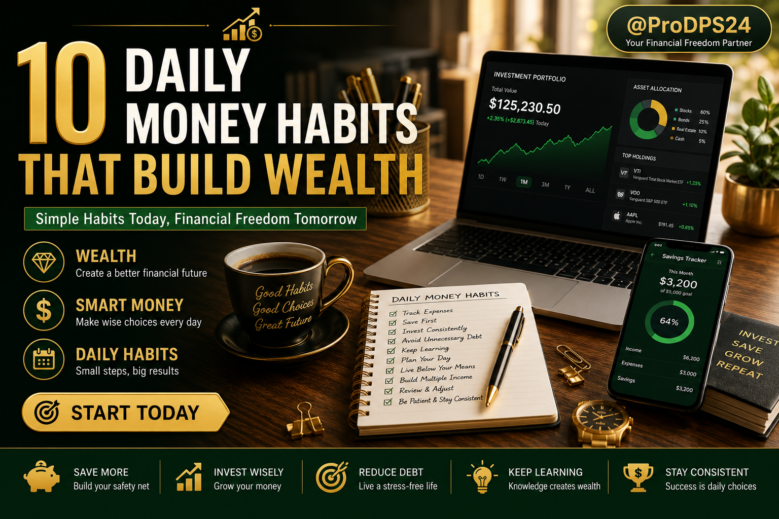 Luxury finance workspace featuring a laptop with investment dashboard, savings tracker app, notebook, coffee, and the headline "10 Daily Money Habits That Build Wealth" with ProDPS24 branding.