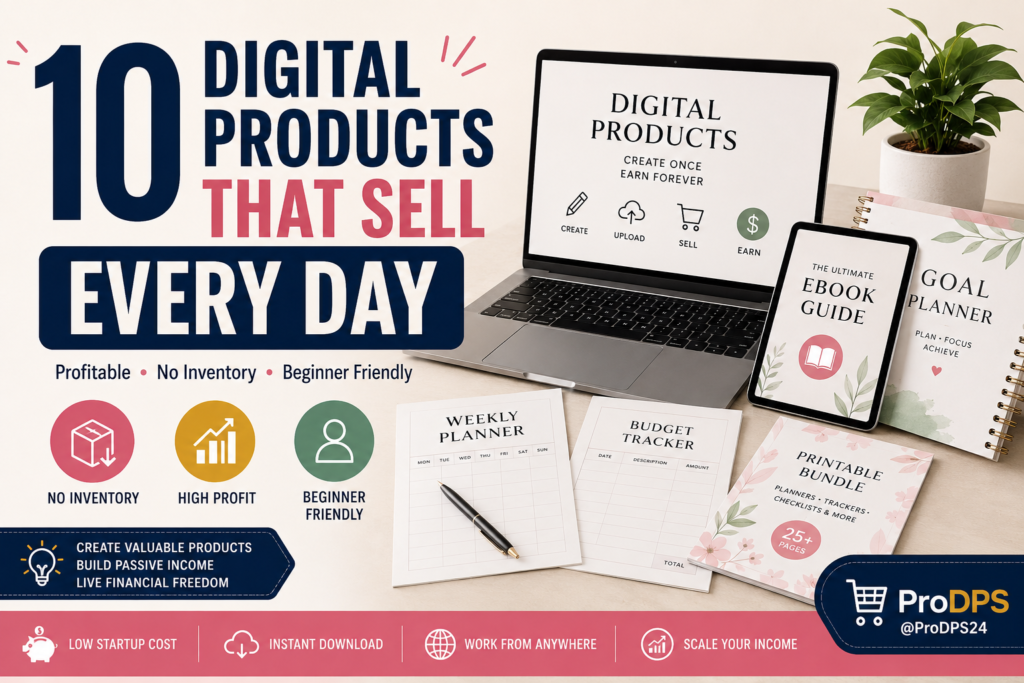 Modern workspace showcasing 10 digital products that sell every day, including printable planners, Canva templates, eBooks, budget trackers, and digital downloads with no inventory and high profit potential.