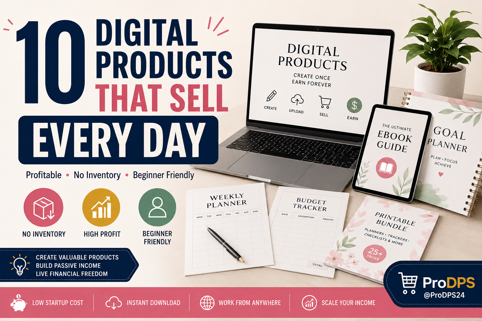 Modern workspace showcasing 10 digital products that sell every day, including printable planners, Canva templates, eBooks, budget trackers, and digital downloads with no inventory and high profit potential.