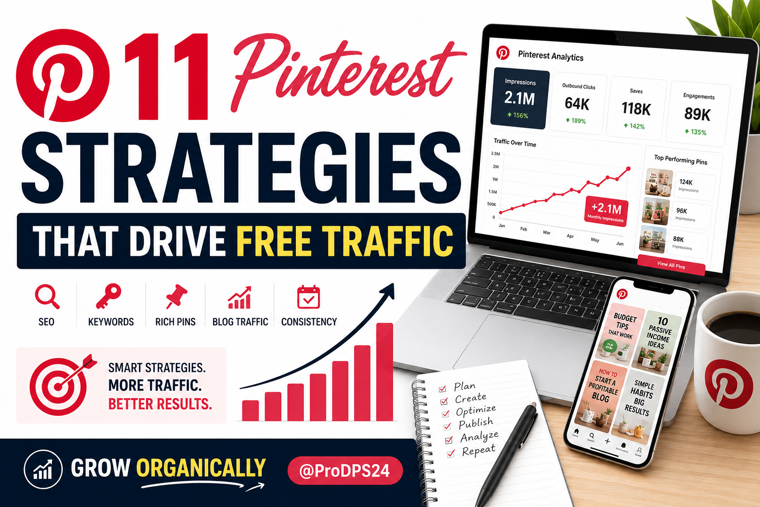 Featured image for "11 Pinterest Strategies That Drive Free Traffic" showing Pinterest analytics dashboard, SEO optimization, keyword research, Rich Pins, blog traffic growth chart, and organic Pinterest marketing tips for bloggers and businesses.