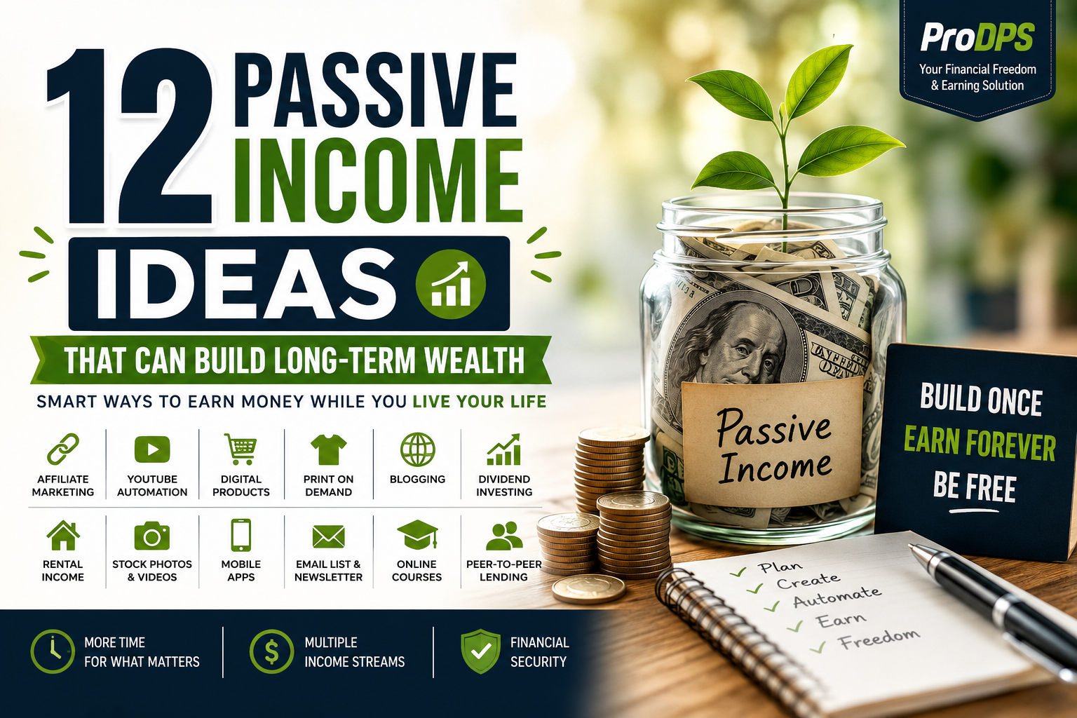 Infographic showing 12 passive income ideas including affiliate marketing, blogging, digital products, YouTube automation, dividend investing, online courses, rental income, and print on demand.