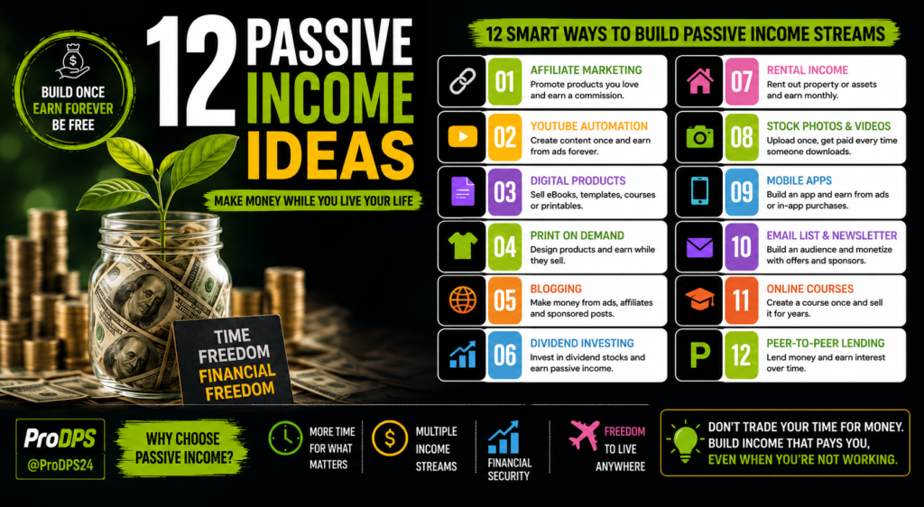 Infographic showing 12 passive income ideas including affiliate marketing, blogging, digital products, YouTube automation, dividend investing, online courses, rental income, and print on demand.