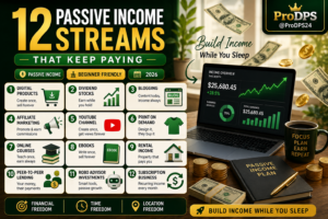Premium blog image featuring 12 passive income streams including digital products, dividend stocks, blogging, affiliate marketing, YouTube, print-on-demand, online courses, rental income, peer-to-peer lending, automated investing, and subscription businesses with a luxury home office and financial growth theme.