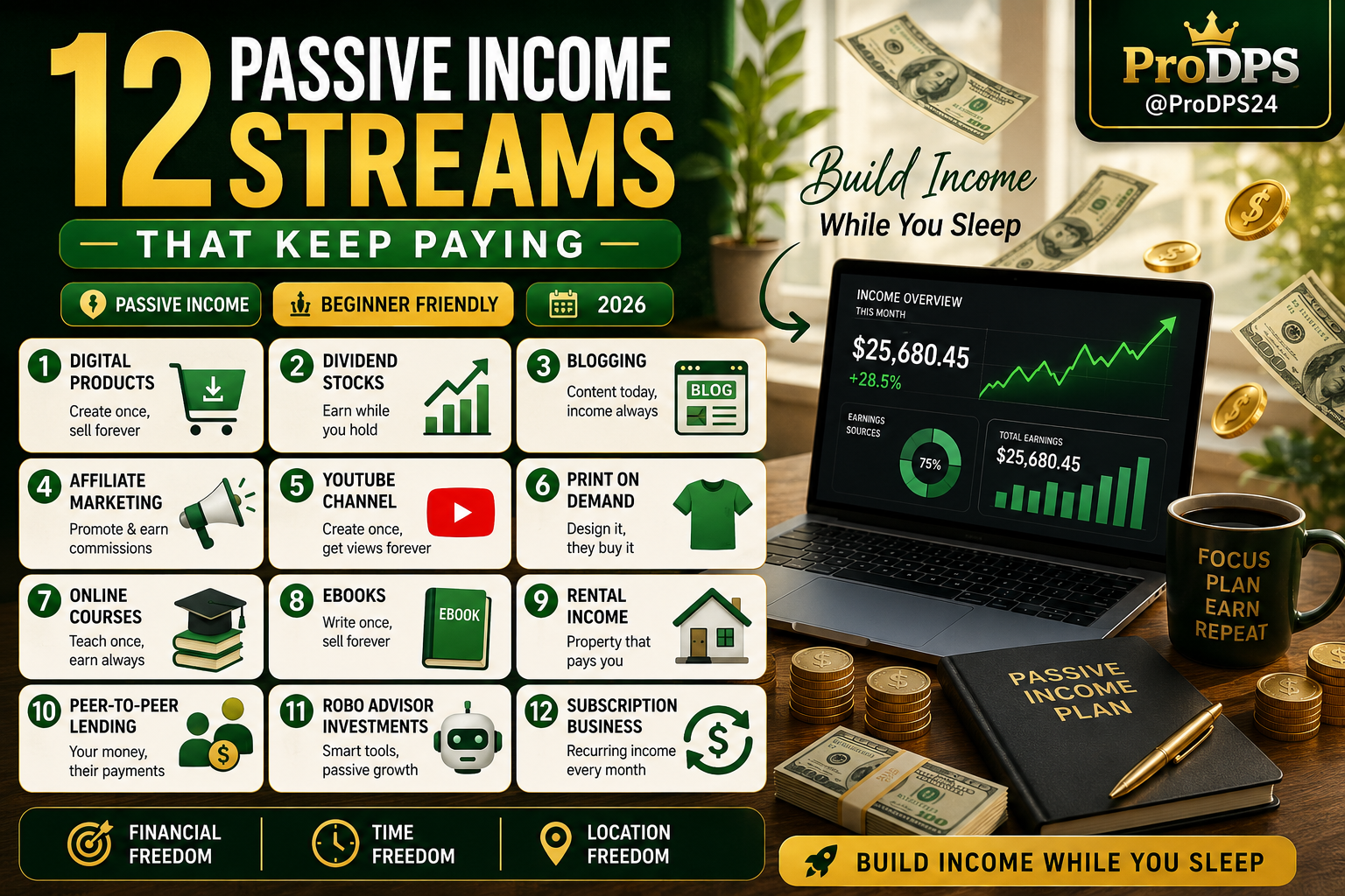 Premium blog image featuring 12 passive income streams including digital products, dividend stocks, blogging, affiliate marketing, YouTube, print-on-demand, online courses, rental income, peer-to-peer lending, automated investing, and subscription businesses with a luxury home office and financial growth theme.