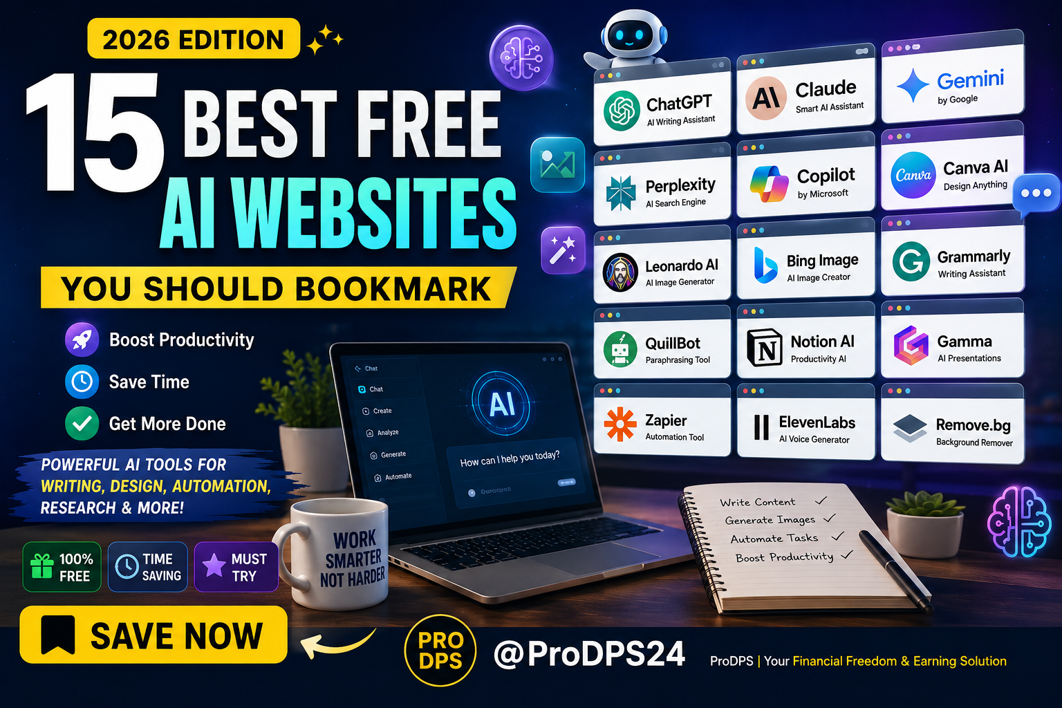 15 Best Free AI Websites in 2026 featuring AI writing assistants, image generators, automation tools, productivity software, and free AI platforms.