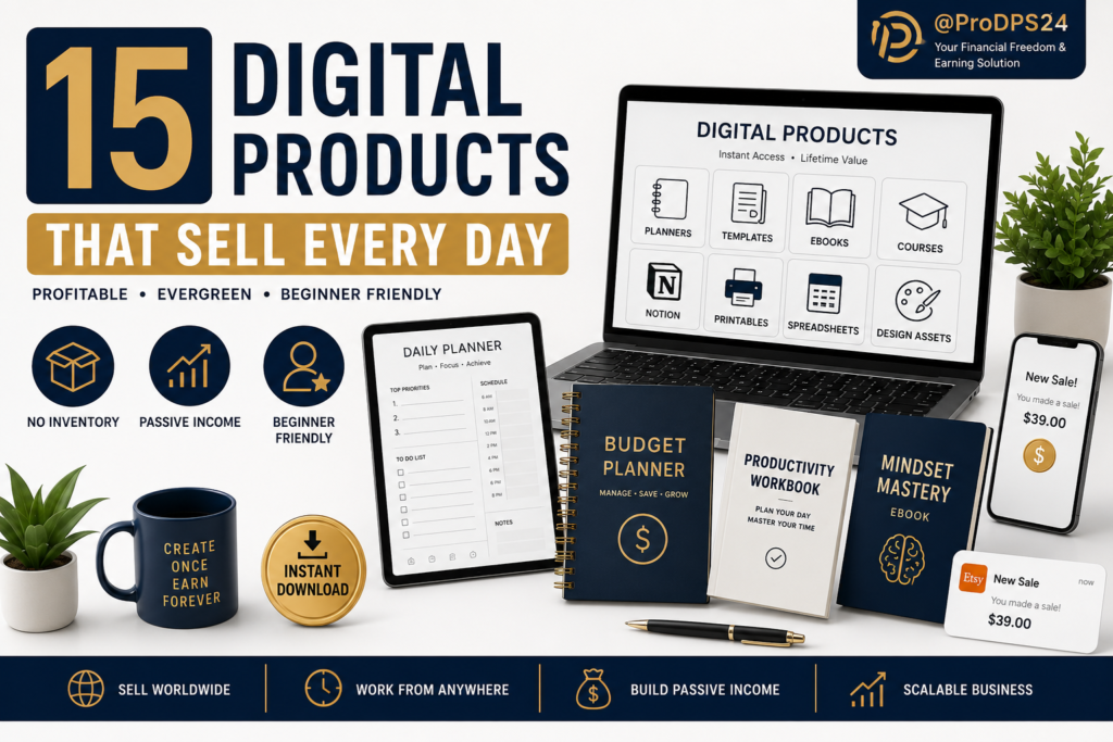 Featured blog image illustrating 15 digital products that sell every day, including planners, printables, Canva templates, Notion dashboards, eBooks, and online courses with a modern white, navy, and gold design promoting passive income and beginner-friendly online business ideas.