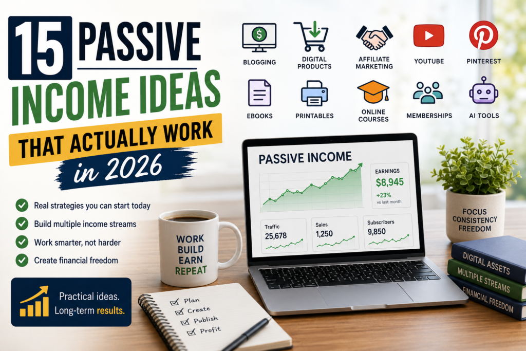 Laptop displaying passive income dashboard with digital products, blogging, Pinterest, YouTube, affiliate marketing, AI tools, and printables.