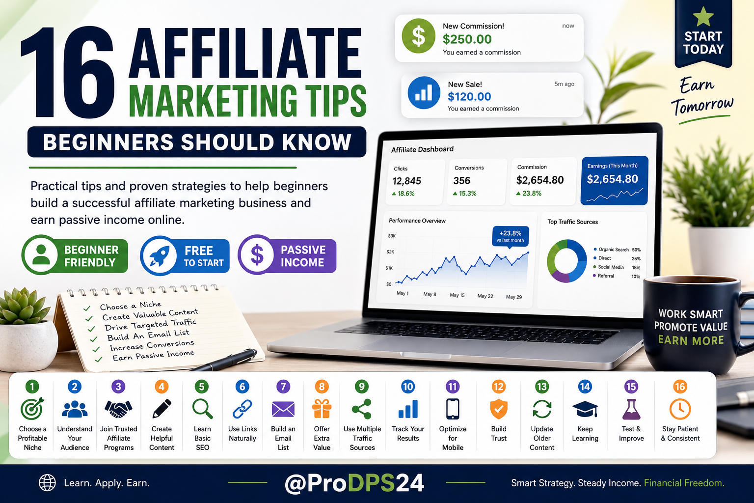 Professional blog header featuring affiliate marketing dashboards, commission notifications, website traffic analytics, digital marketing icons, and the headline "16 Affiliate Marketing Tips Beginners Should Know" with Beginner Friendly, Free to Start, and Passive Income badges.
