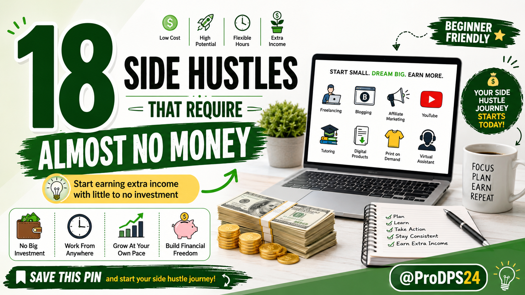 Featured image showing 18 side hustles that require almost no money, including freelancing, blogging, affiliate marketing, digital products, virtual assistance, and other beginner-friendly online income ideas.