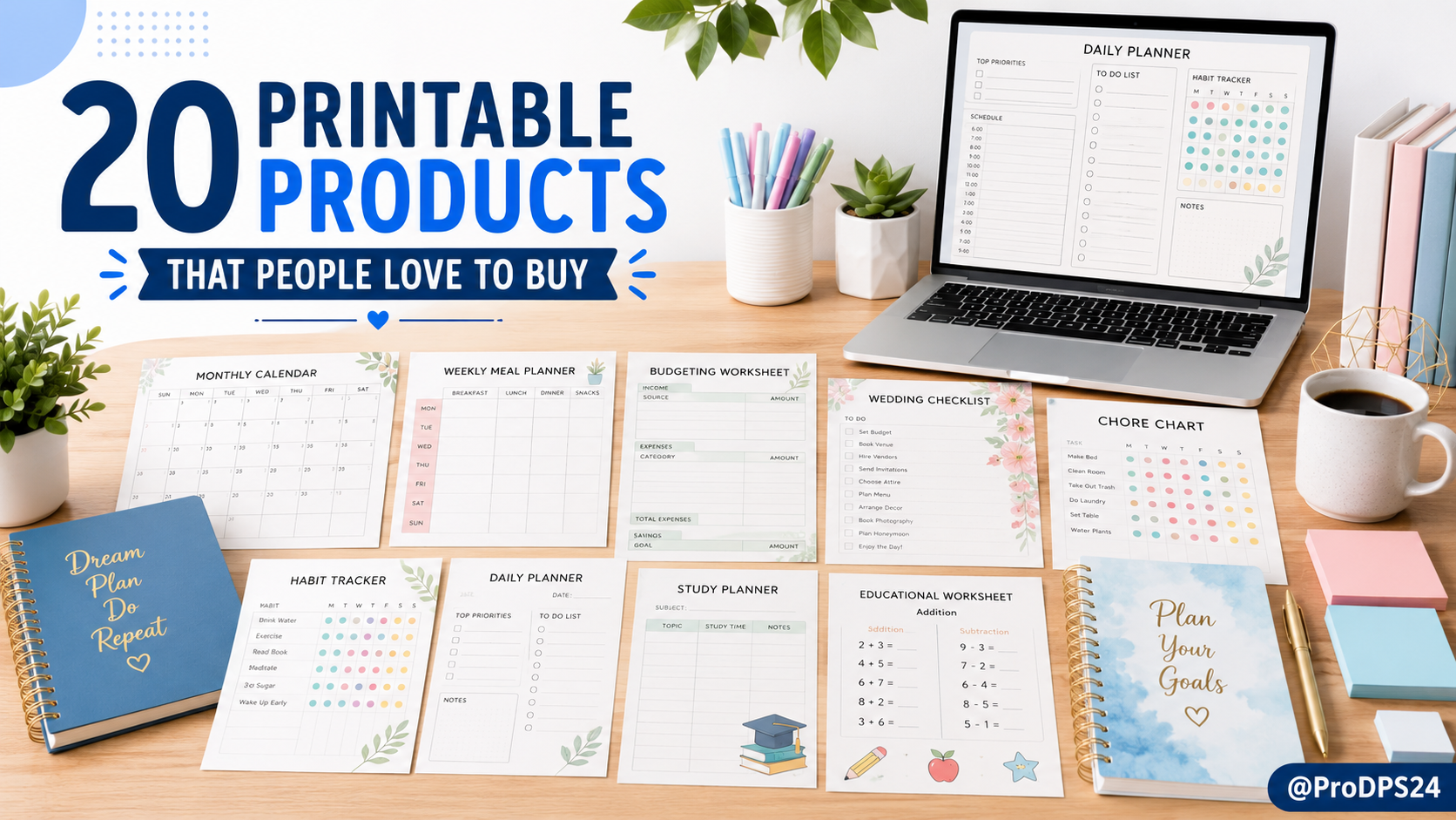 Best printable products to sell including printable calendars, meal planners, budgeting worksheets, wedding checklists, chore charts, and educational printables.