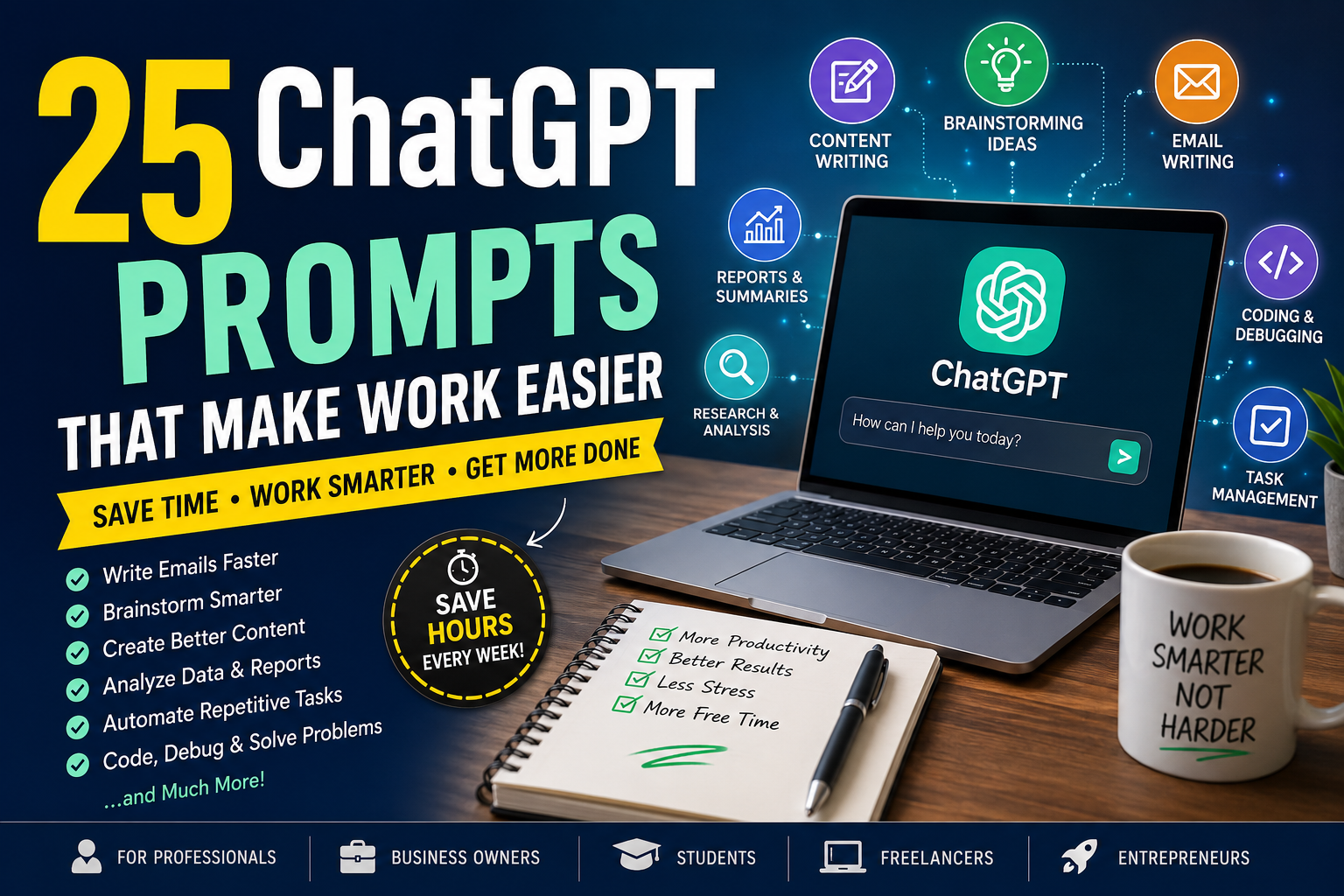 Modern Pinterest infographic showing 25 ChatGPT prompts that help with email writing, brainstorming, coding, reports, and daily productivity.
