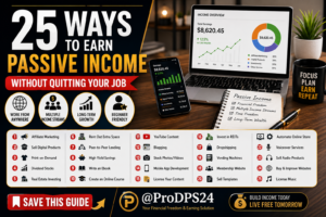 Professional blog banner showing 25 ways to earn passive income without quitting your job, featuring a laptop, smartphone, income charts, coffee, and multiple passive income ideas in a modern workspace.