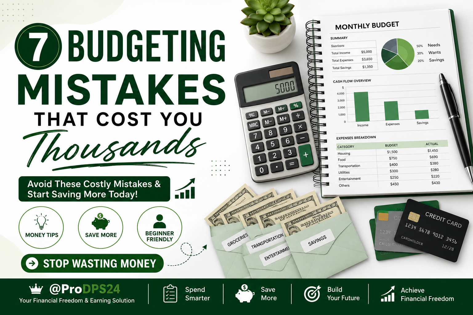 Professional finance blog image featuring a monthly budget planner, calculator, cash envelopes, credit cards, and financial charts with the headline "7 Budgeting Mistakes That Cost You Thousands" in a clean white and green design.