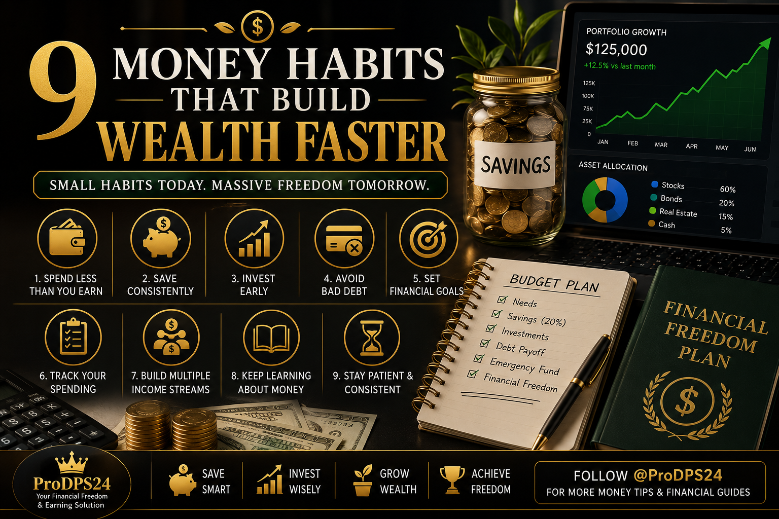 Premium finance-themed blog image illustrating nine essential money habits for building wealth faster, featuring savings jars, investment charts, budgeting planner, financial growth graphics, and elegant gold accents on a black background.