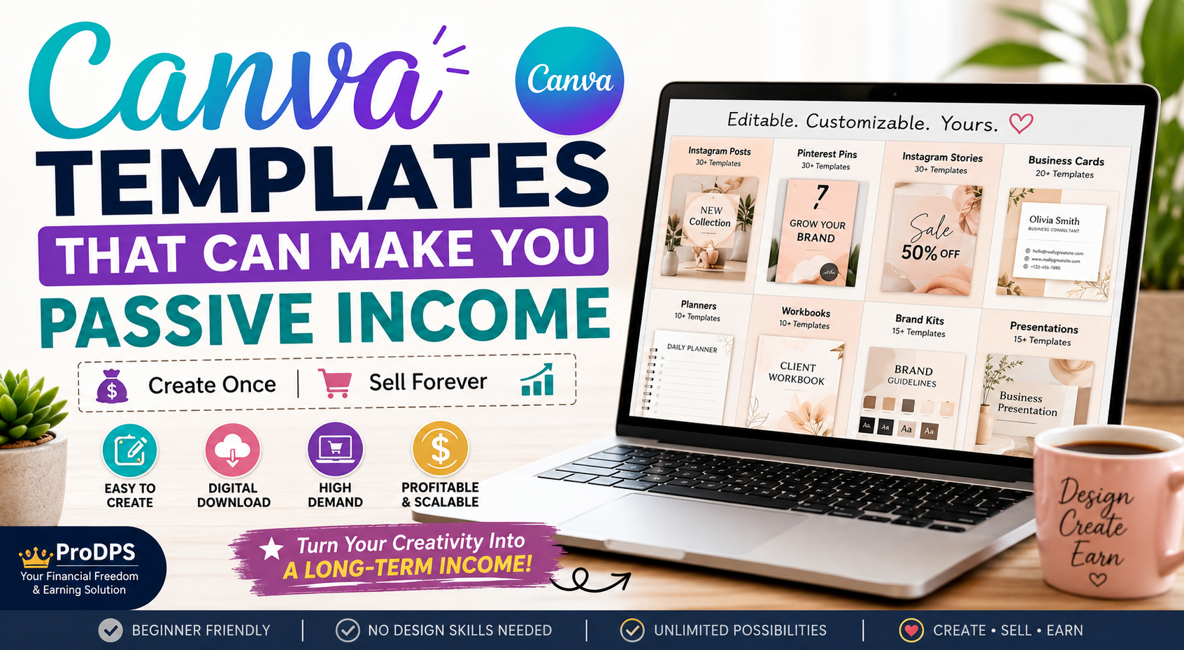 Modern Canva templates displayed on a laptop screen featuring Instagram posts, Pinterest pins, planners, business cards, and digital downloads for passive income.