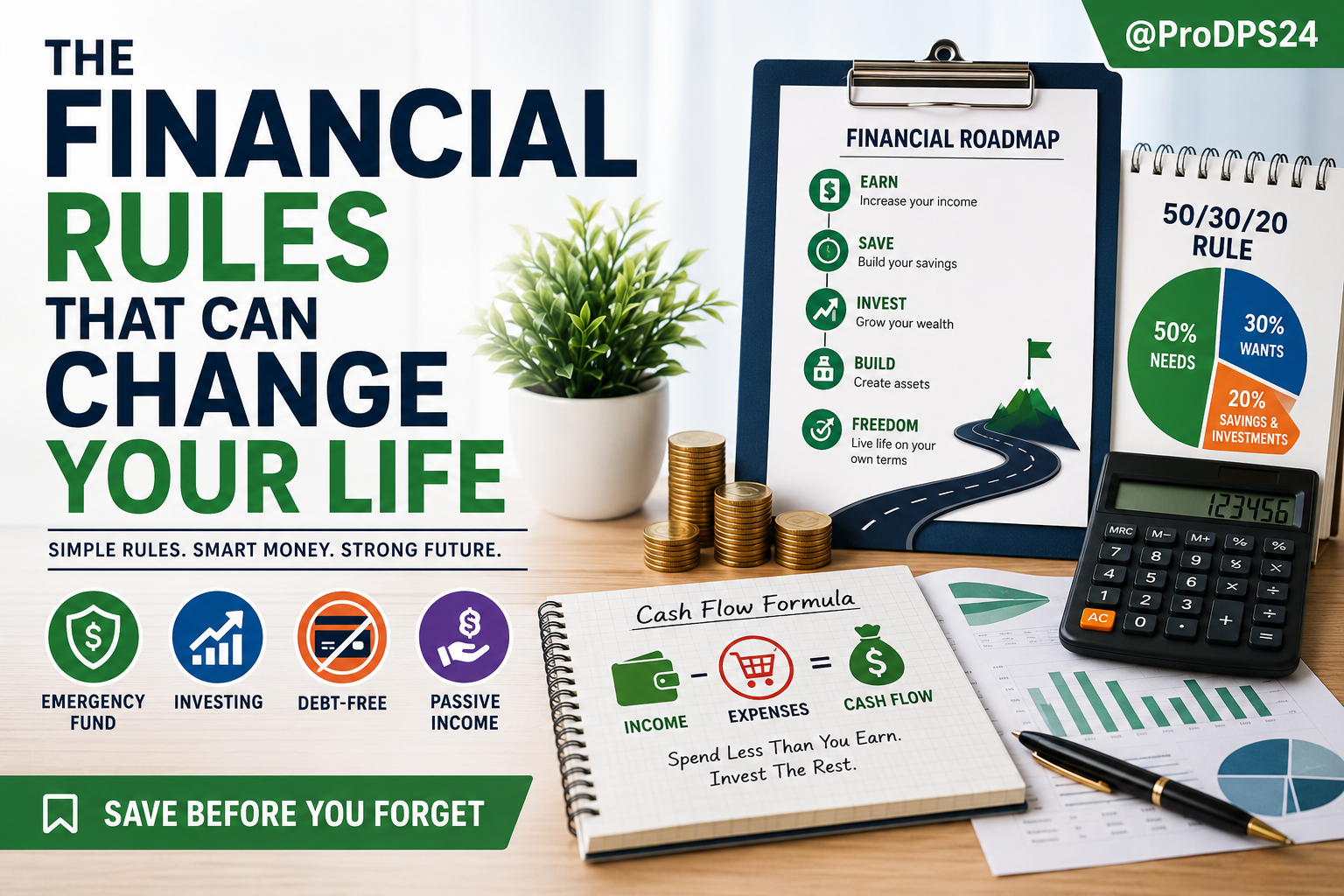 The Financial Rules That Can Change Your Life blog featured image with financial roadmap, emergency fund, investing strategy, debt-free planning, passive income, cash flow formula, and 50/30/20 budgeting rule.