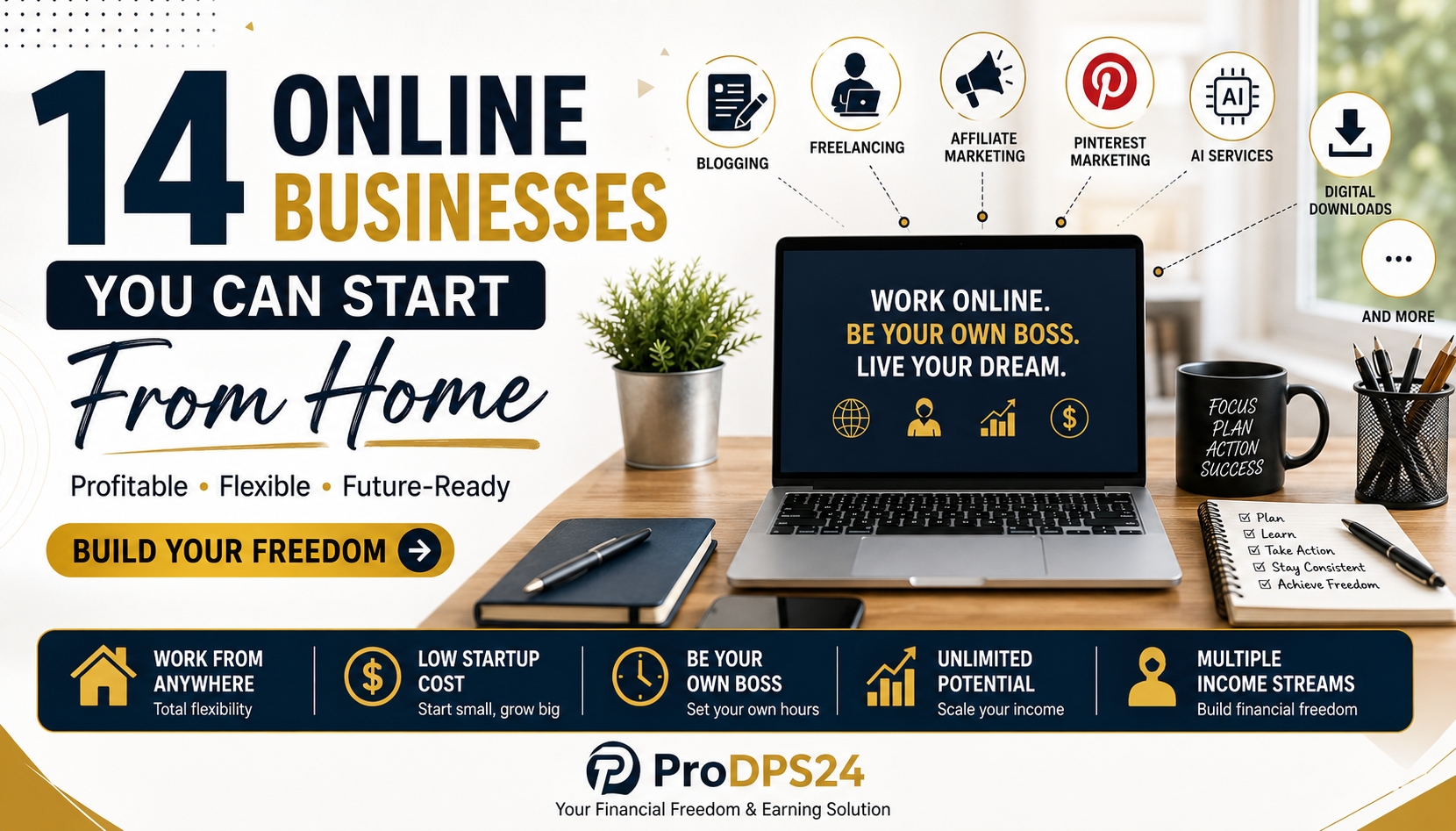 Infographic showing 14 online businesses you can start from home, including blogging, freelancing, affiliate marketing, Pinterest marketing, AI services, digital downloads, and more.