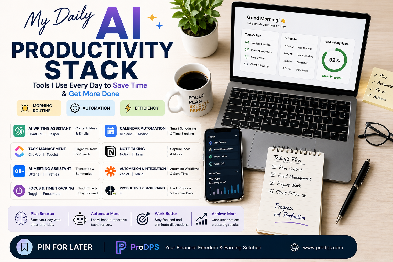 A modern flat-lay workspace featuring a laptop, smartphone, notebook, coffee, AI productivity apps, calendar automation, task management, note-taking, and workflow tools with the headline "My Daily AI Productivity Stack.