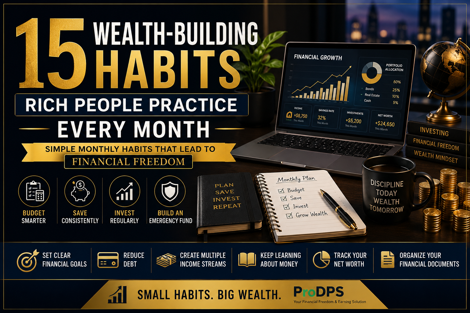 Luxury black and gold infographic illustrating the wealth-building habits rich people practice every month, including budgeting, investing, savings, net worth tracking, and financial planning.