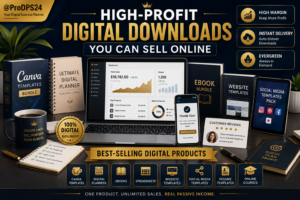 Premium blog banner featuring high-profit digital downloads, including Canva templates, digital planners, ebooks, website templates, social media kits, sales dashboard, and instant download concept with ProDPS branding.