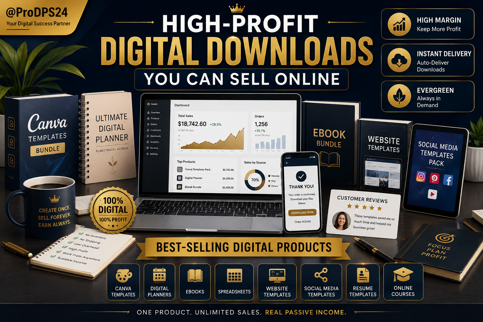 Premium blog banner featuring high-profit digital downloads, including Canva templates, digital planners, ebooks, website templates, social media kits, sales dashboard, and instant download concept with ProDPS branding.