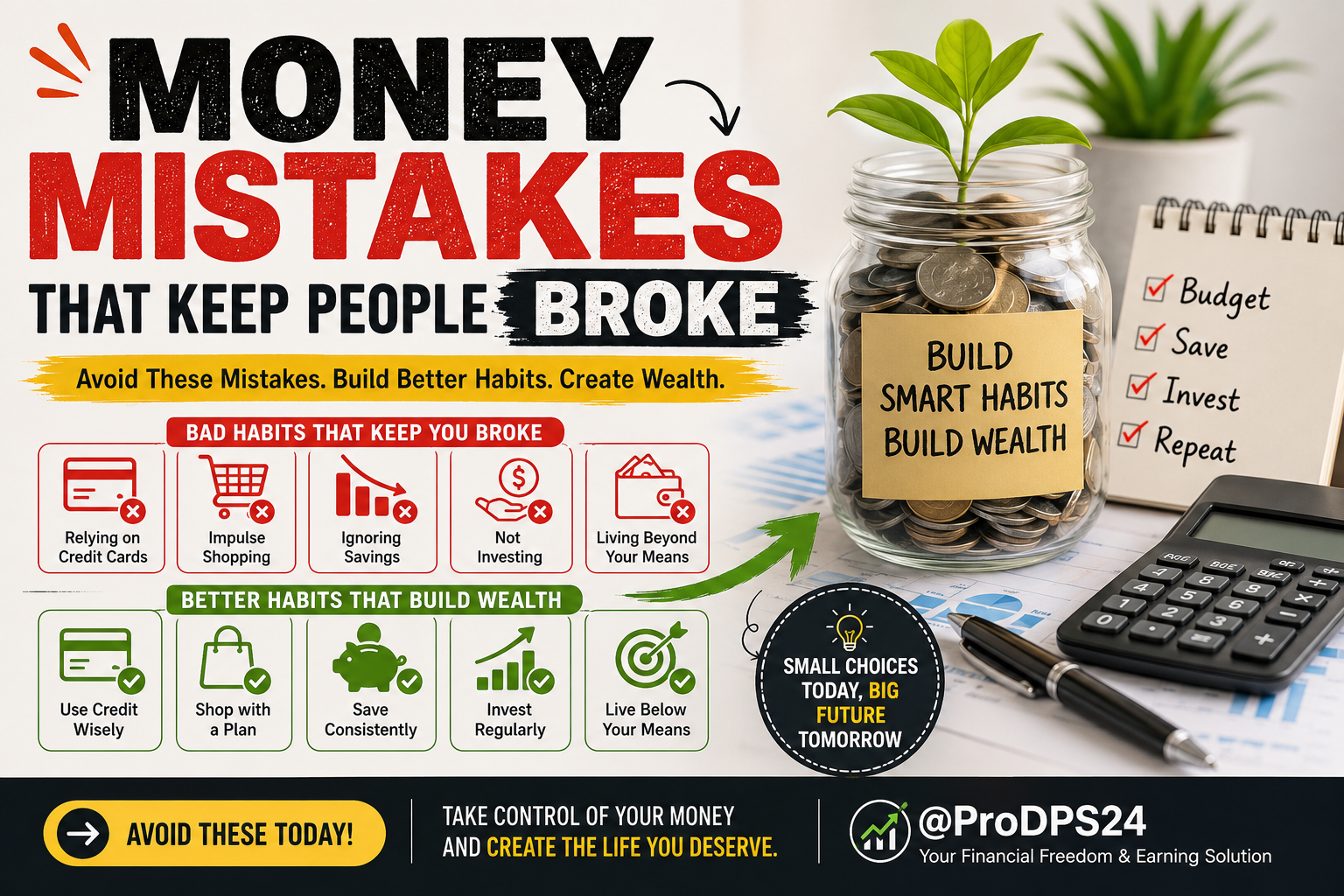 Pinterest infographic showing common money mistakes that keep people broke, including credit card debt, impulse shopping, lack of savings, and poor investing habits.