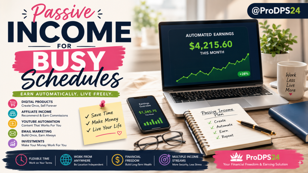 Laptop showing automated passive income dashboard with digital products and online earnings for busy professionals.