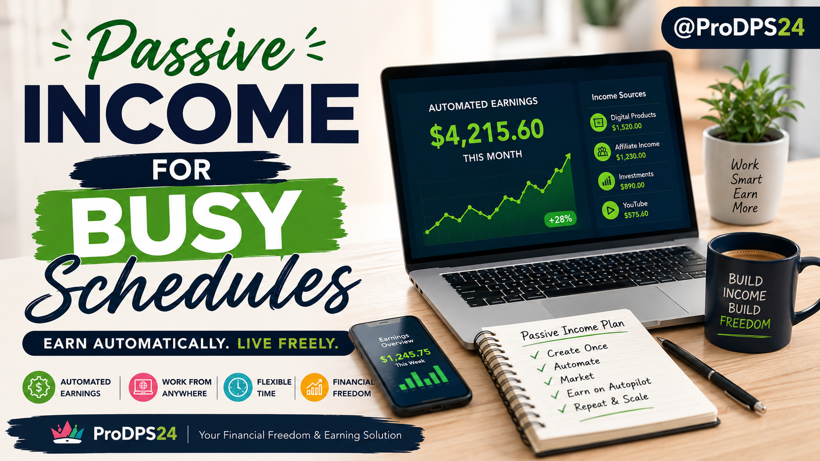 Laptop showing automated passive income dashboard with digital products and online earnings for busy professionals.