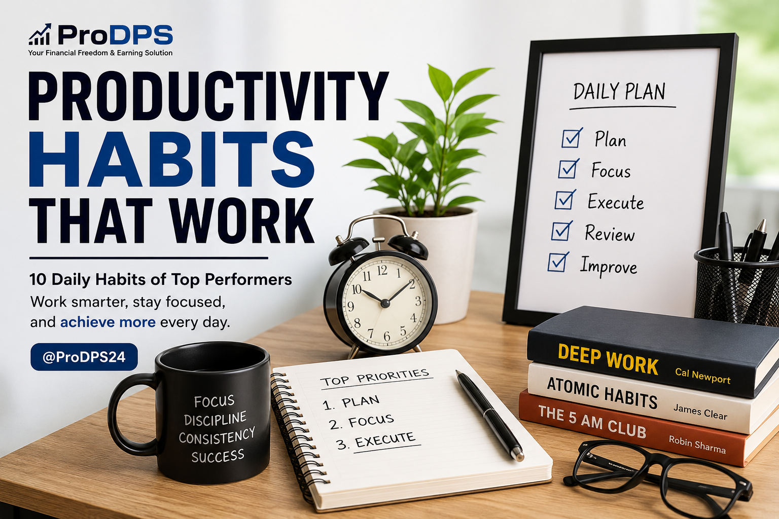 Productivity Habits That Work infographic showing 10 daily habits used by high performers to improve focus, time management, organization, and consistency.