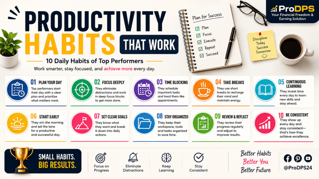 Productivity Habits That Work infographic showing 10 daily habits used by high performers to improve focus, time management, organization, and consistency.