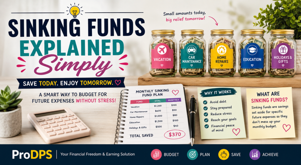 Colorful sinking fund jars with budgeting planner showing how to save money for future expenses using the sinking funds method