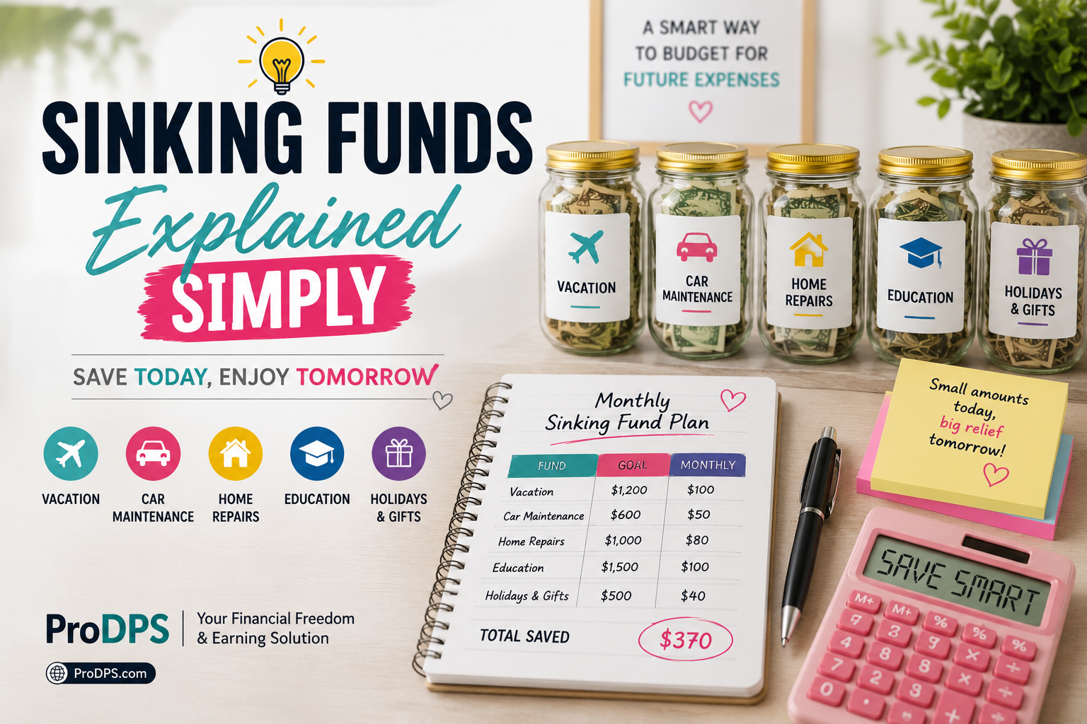 Colorful sinking fund jars with budgeting planner showing how to save money for future expenses using the sinking funds method.