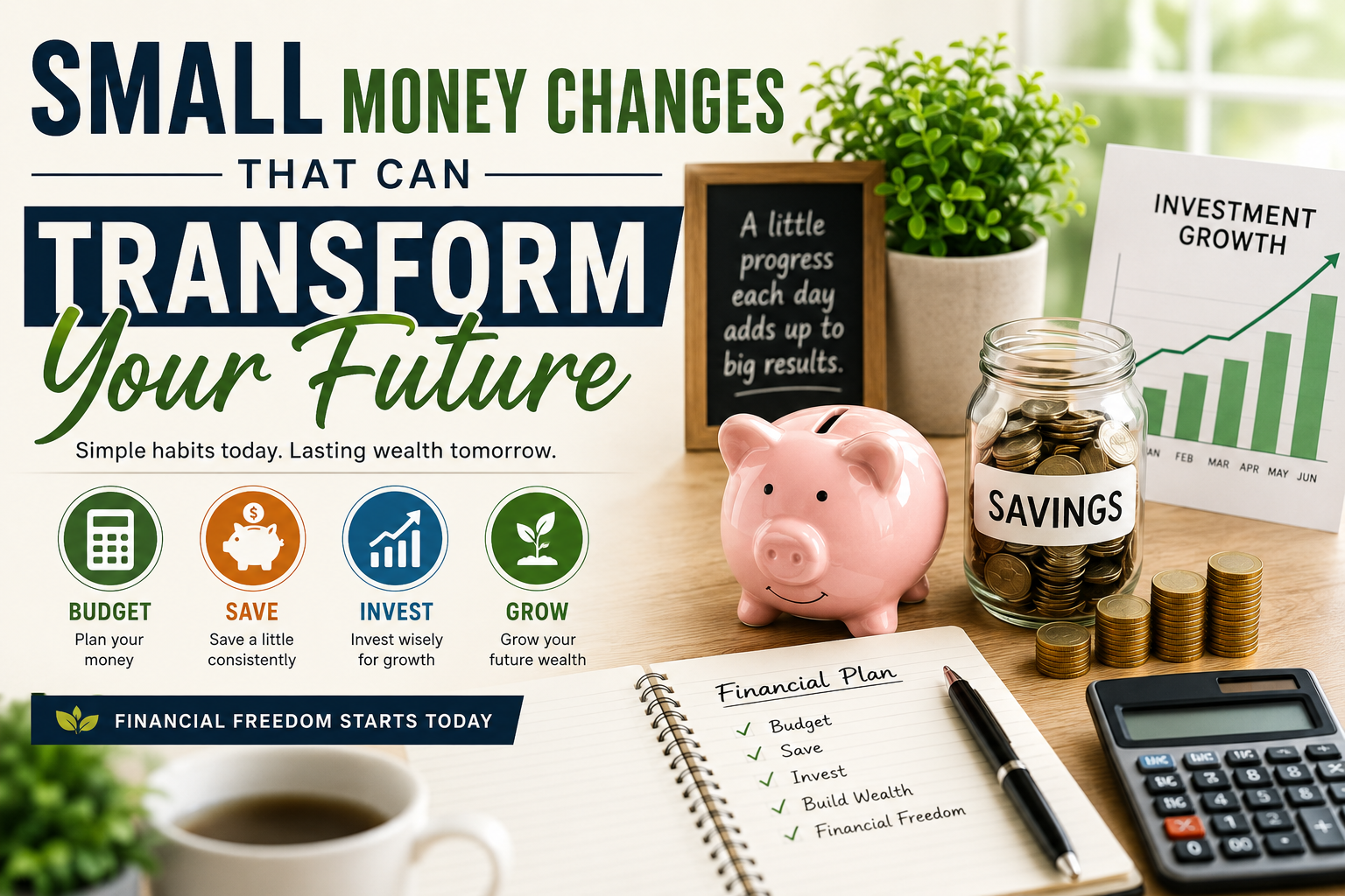 Small money changes infographic featuring a piggy bank, savings jar, budgeting notebook, calculator, and investment growth chart to illustrate smart personal finance habits.