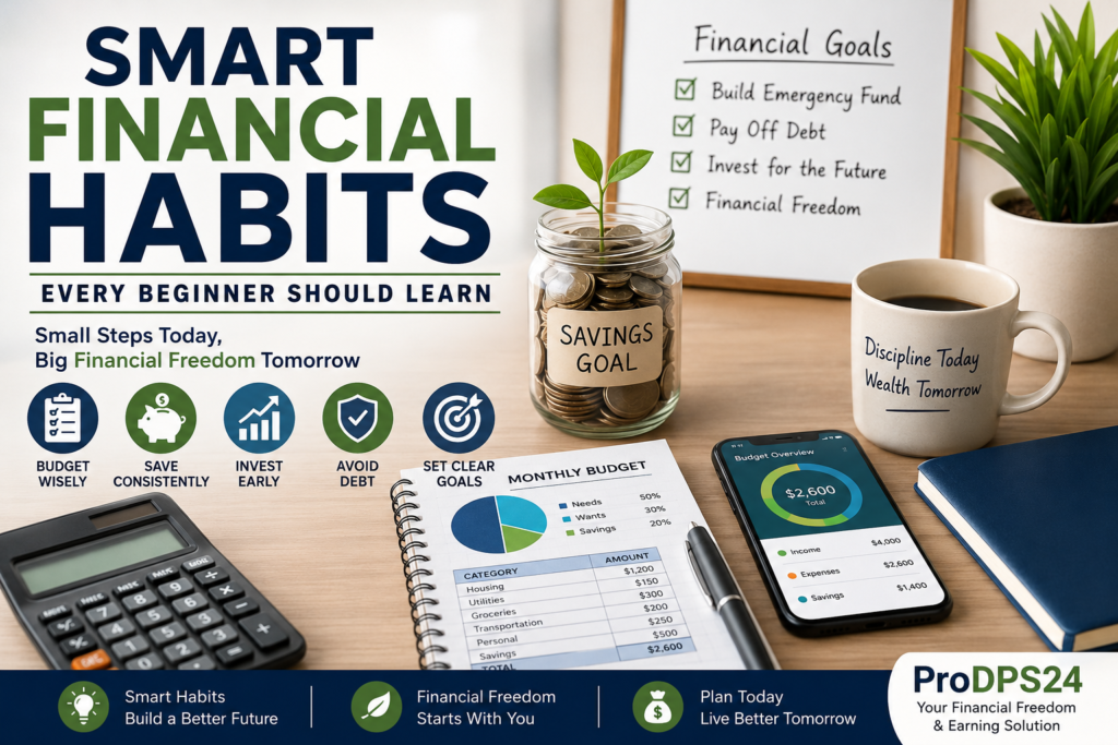 Modern financial planning workspace featuring a calculator, monthly budget planner, savings jar, budgeting app, and financial goals checklist illustrating smart financial habits for beginners.
