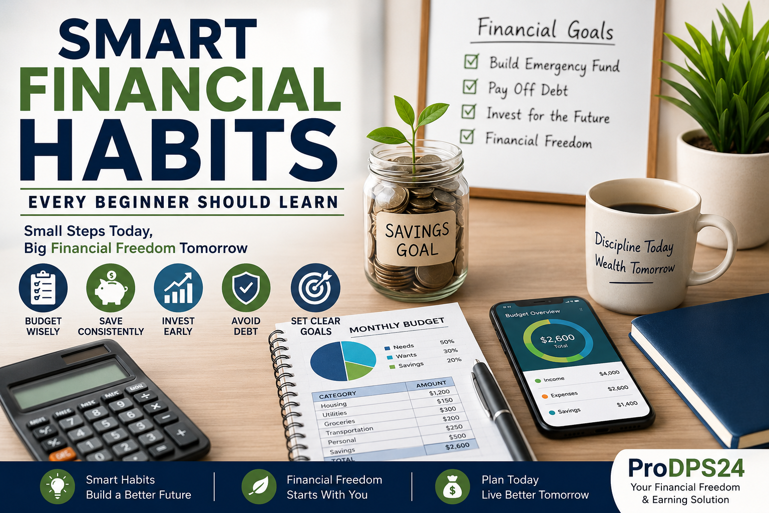 Modern financial planning workspace featuring a calculator, monthly budget planner, savings jar, budgeting app, and financial goals checklist illustrating smart financial habits for beginners.