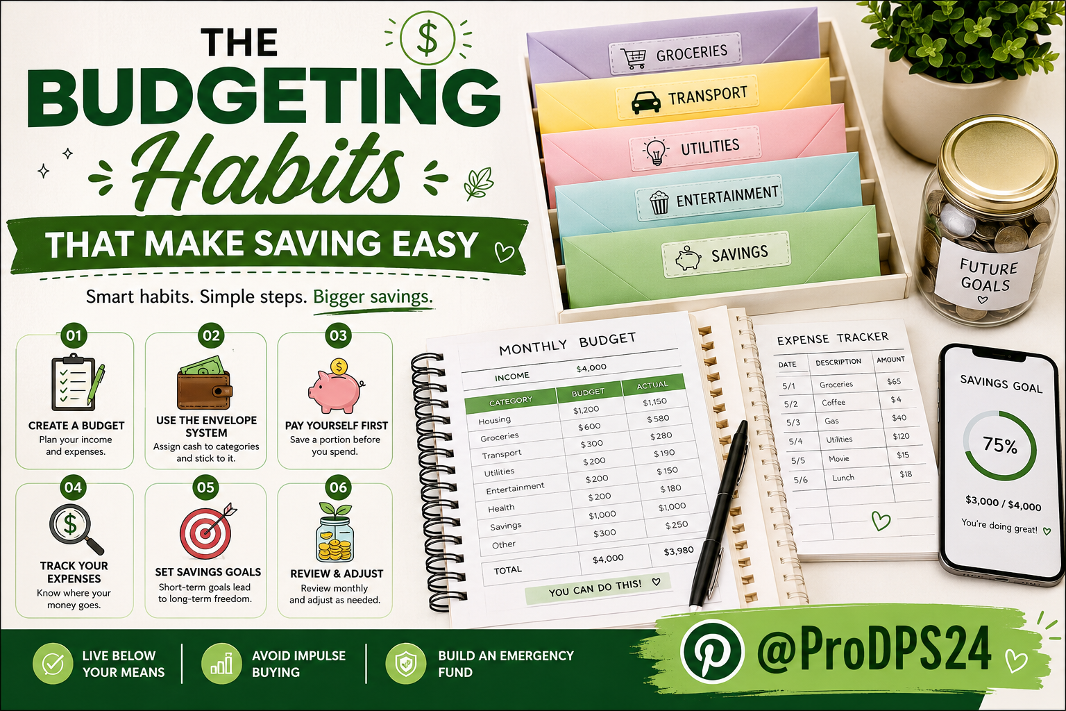 Colorful budgeting infographic featuring budgeting envelopes, expense tracker, monthly budget planner, savings jar, calculator, and simple money-saving habits with green finance-themed design.