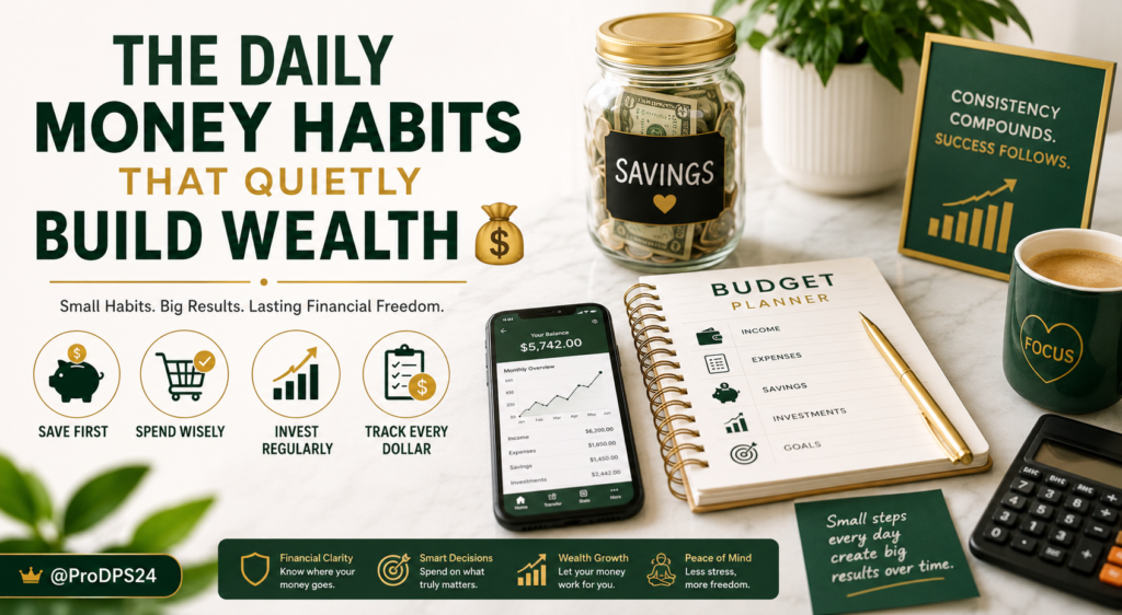 Minimal budgeting planner with savings jar, smartphone banking app, coffee cup, and financial growth chart representing daily money habits that build wealth.