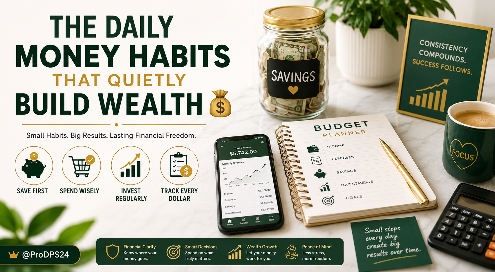 Minimal budgeting planner with savings jar, smartphone banking app, coffee cup, and financial growth chart representing daily money habits that build wealth.